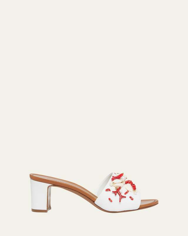 Coral Beaded Leather Slide Sandals